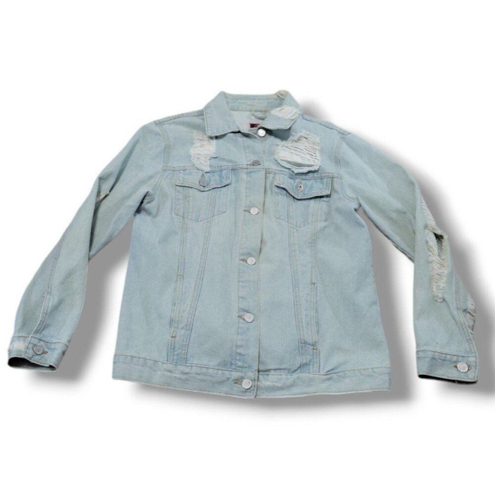 Boom Boom Jeans Jacket Size Medium Distressed Destroyed Jean Jacket Ripped Denim